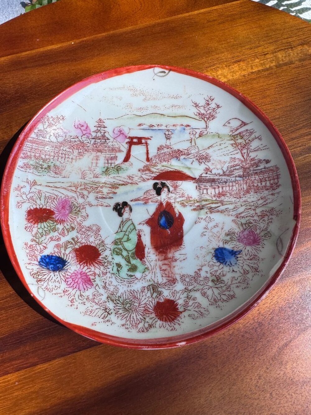 Vintage Japanese Red Hand Painted Kutani Geisha Porcelain Saucer